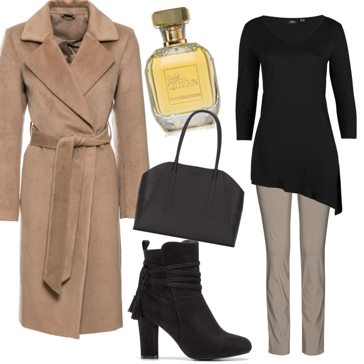 Outfit donna - Calda e con un profumo gourmet. Stile Basic per Tutti i giorni. Abbinamento con maglieria, pantaloni, cappotti, stivaletti, profumi, borse a spalla.