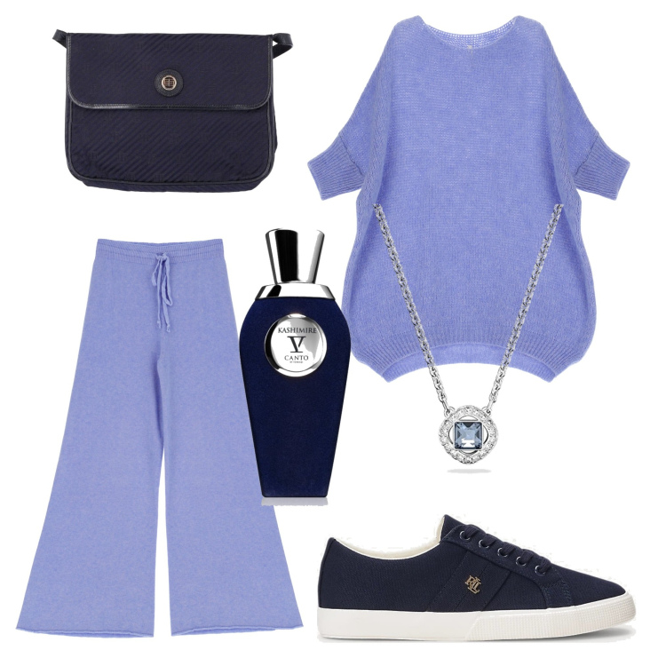 Outfit donna - Pervinca. Stile Trendy per Tutti i giorni. Abbinamento con borse a spalla, profumi, pullovers, pantaloni a palazzo, scarpe sportive, orecchini.