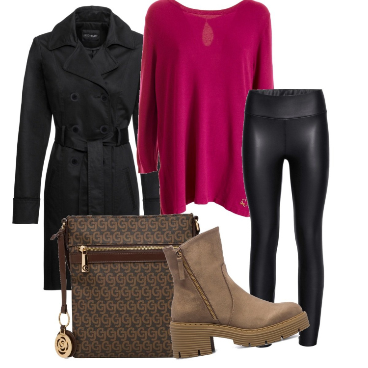 Outfit donna - Trendy col trench. Stile Trendy per Tutti i giorni. Abbinamento con leggings, trench, maglieria, stivaletti, borse a tracolla.