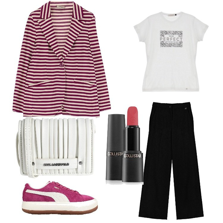 Outfit donna - Righe.. Stile Boho per Scuola/Università. Abbinamento con sneakers, borse a tracolla, rossetti, t-shirt, giacche, pantaloni a palazzo.