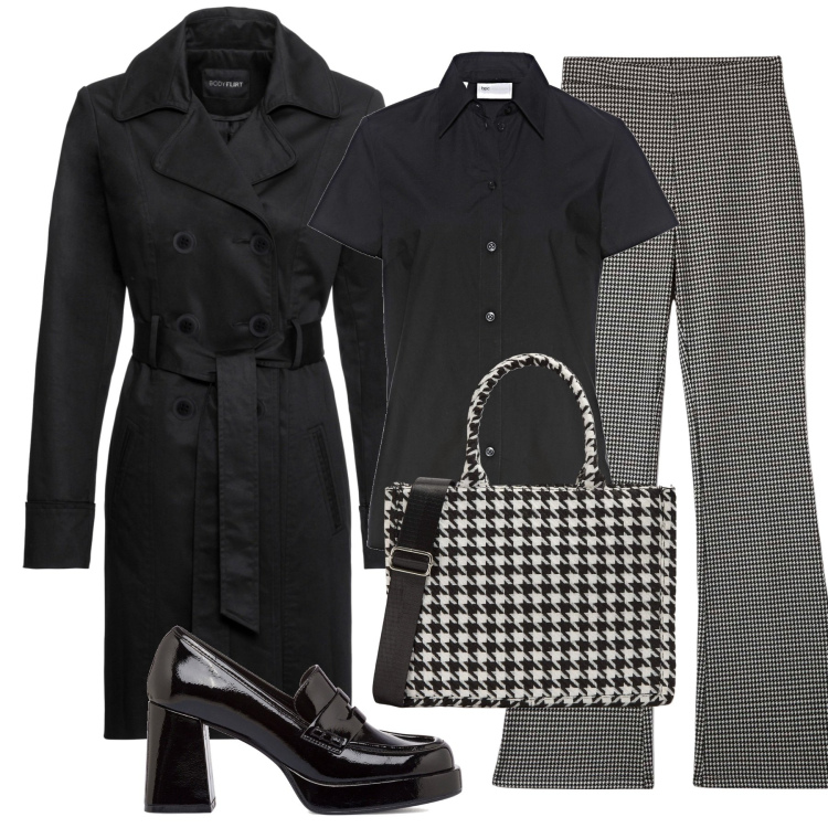 Outfit donna - Quadri e pied de poule. Stile Basic per Ufficio. Abbinamento con trench, camicie a manica corta, pantaloni, shopping bag, mocassini.
