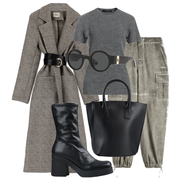 Outfit donna - Il trench urbano. Stile Basic per Tutti i giorni. Abbinamento con borse a mano, pullovers, stivaletti, pantaloni cargo, trench, occhiali da sole.