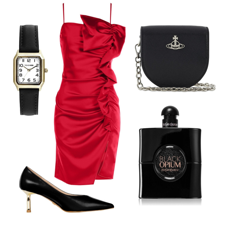 Outfit donna - Look classico. Stile Romantica per Serata fuori. Abbinamento con profumi, vestiti corti, décolleté, borse a spalla, orologi analogici.