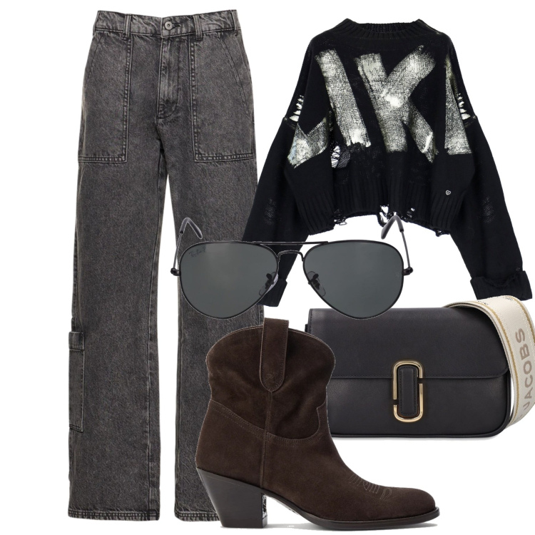 Outfit donna - Camperos in città. Stile Trendy per Tutti i giorni. Abbinamento con maglieria, stivaletti, borse a spalla, pantaloni, occhiali da sole.