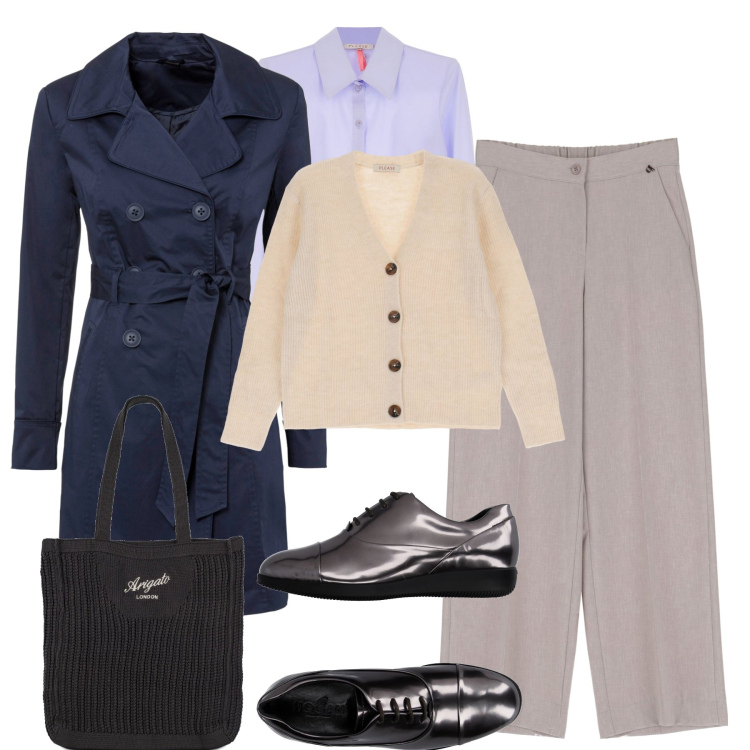Outfit donna - Teacher dresscode. Stile Casual chic per Scuola/Università. Abbinamento con trench, scarpe stringate, camicie, cardigans, pantaloni a palazzo, shopping bag.