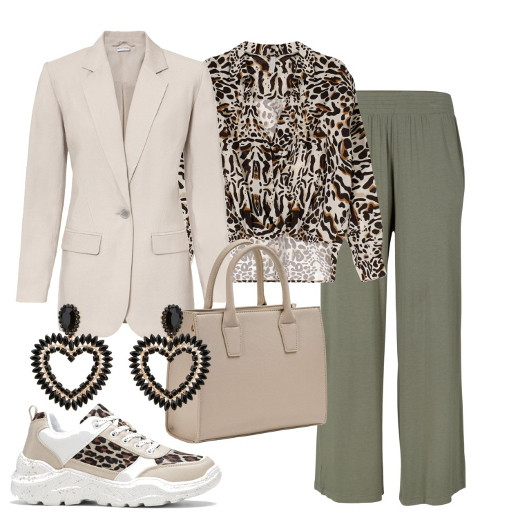 Outfit donna - Teacher. Stile Casual chic per Scuola/Università. Abbinamento con pantaloni, sneakers, blazer, shopping bag, camicie, orecchini.