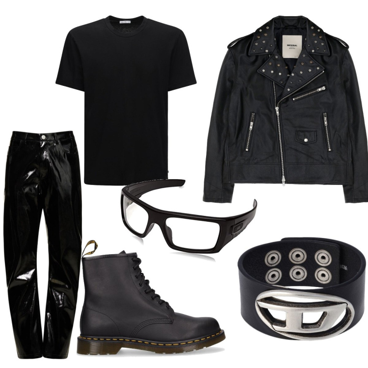 Outfit uomo - Duro e puro. Stile Biker Rock per Tutti i giorni. Abbinamento con giacche, t-shirt, pantaloni, occhiali da sole, braccialetti, stivali.