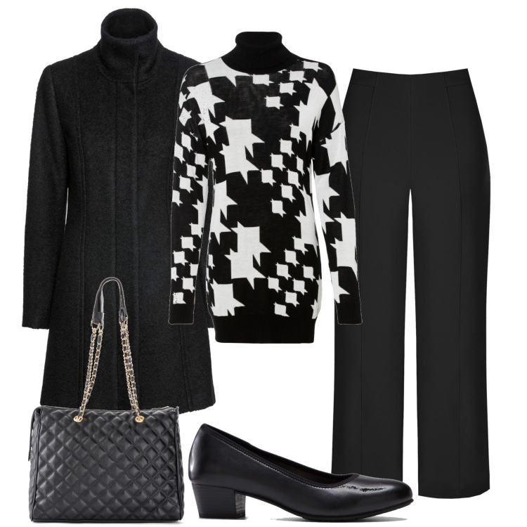 Outfit donna - In città. Stile Basic per Tutti i giorni. Abbinamento con décolleté, shopping bag, cappotti, maglieria, pantaloni capri.