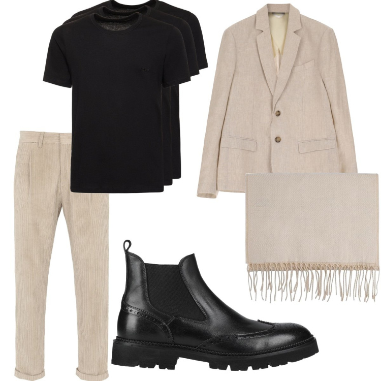 Outfit uomo - Casual elegance. Stile Casual per Cerimonia. Abbinamento con giacche, pantaloni, stivali e stivaletti, t-shirt, sciarpe.