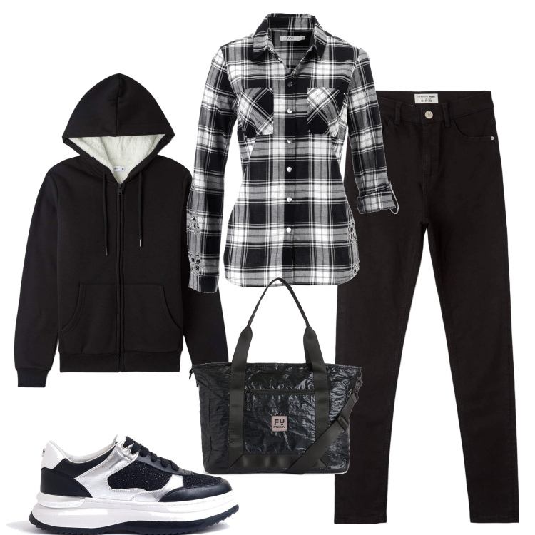Outfit donna - Con le amiche. Stile Casual per Tutti i giorni. Abbinamento con camicie, felpe con cappuccio, jeans skinny, sneakers, borse tote.