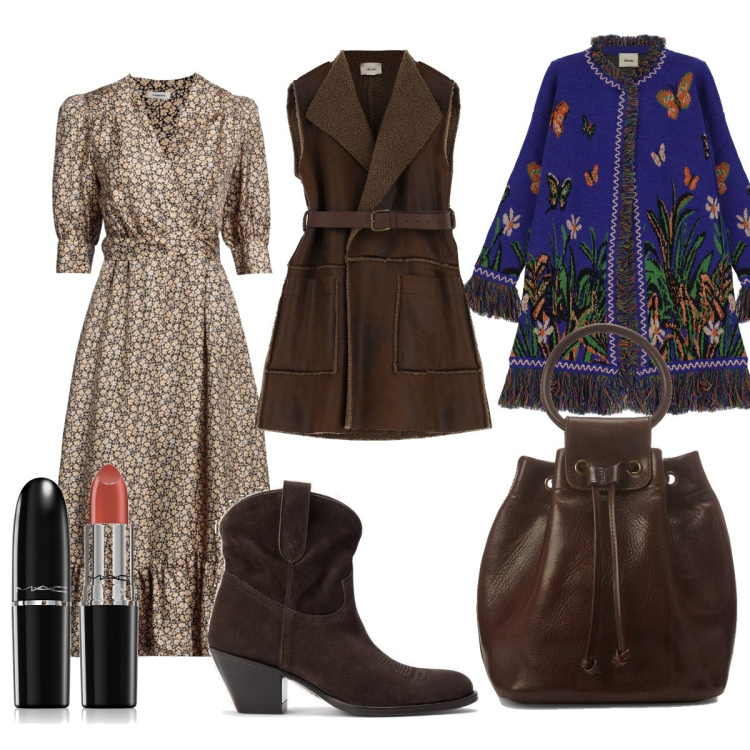 Outfit donna - Western in città. Stile Boho per Tutti i giorni. Abbinamento con vestiti chemisier, rossetti, stivaletti, borse a secchiello, blazer, cardigans.