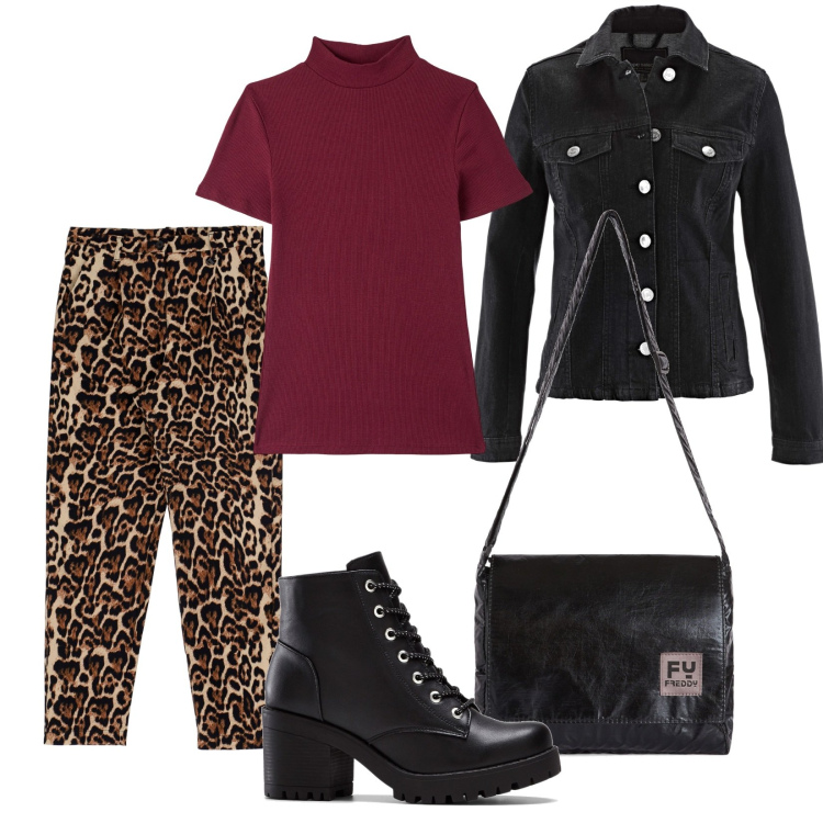 Outfit donna - Pantalone animalier. Stile Casual per Tutti i giorni. Abbinamento con stivaletti, blazer, t-shirt, borse a tracolla, pantaloni.
