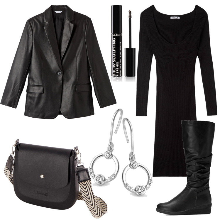 Outfit donna - Total black, la giacca di pelle. Stile Rock per Serata fuori. Abbinamento con stivali, mascara, vestiti lunghi, blazer, borse a spalla, orecchini.