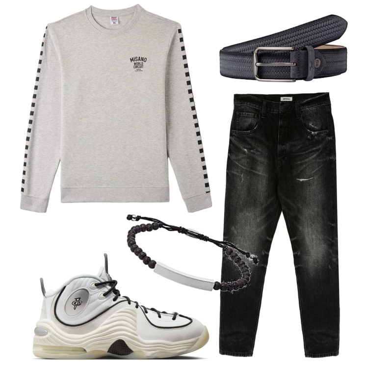 Outfit uomo - Felpa senza cappuccio. Stile Urban per Tutti i giorni. Abbinamento con felpe, jeans slim fit, braccialetti, cinture, sneakers.