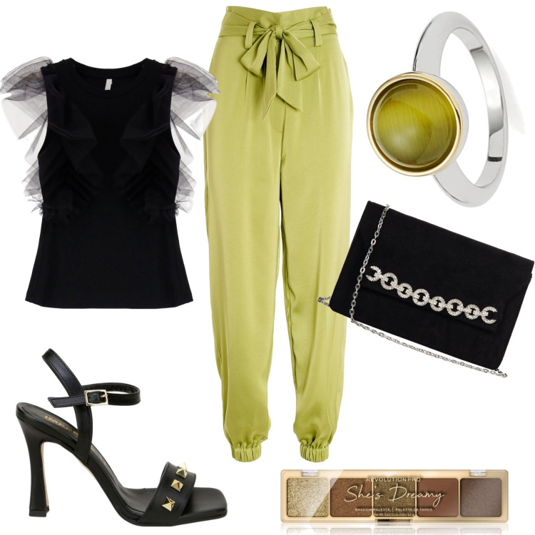 Outfit donna - Serata particolare. Stile Casual chic per Serata fuori. Abbinamento con ombretti, pochette, pantaloni, canottiere, sandali in pelle, anelli.