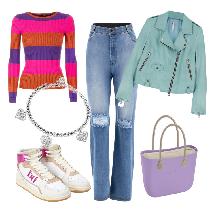 Outfit donna - Autunno colorato. Stile Urban per Tutti i giorni. Abbinamento con giacche, sneakers alte, maglieria, jeans strappati, braccialetti, borse a spalla.