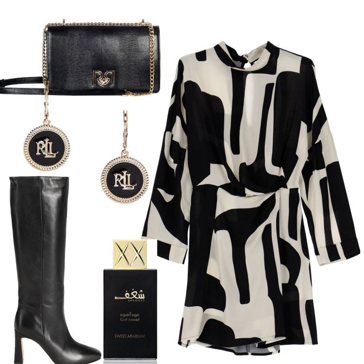 Outfit donna - Battesimo. Stile Chic per Cerimonia. Abbinamento con stivali, profumi, borse a tracolla, vestiti corti, orecchini.