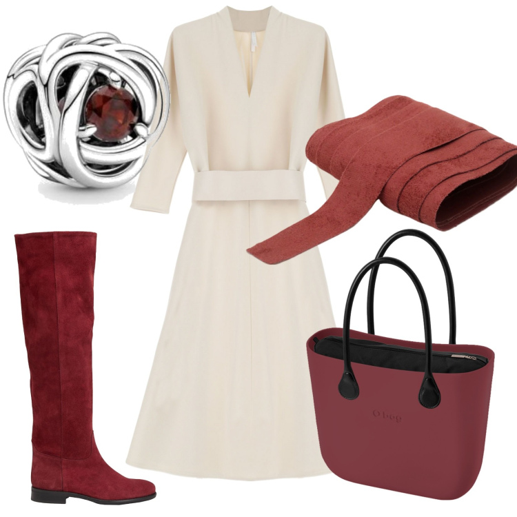 Outfit donna - Panna e Bordeaux. Stile Casual chic per Serata fuori. Abbinamento con stivali sopra il ginocchio, cinture, vestiti midi/longuette, braccialetti, borse a spalla.