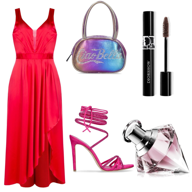 Outfit donna - Serata galante. Stile Chic per Serata fuori. Abbinamento con profumi, mascara, vestiti asimmetrici, borse a mano, sandali in pelle.