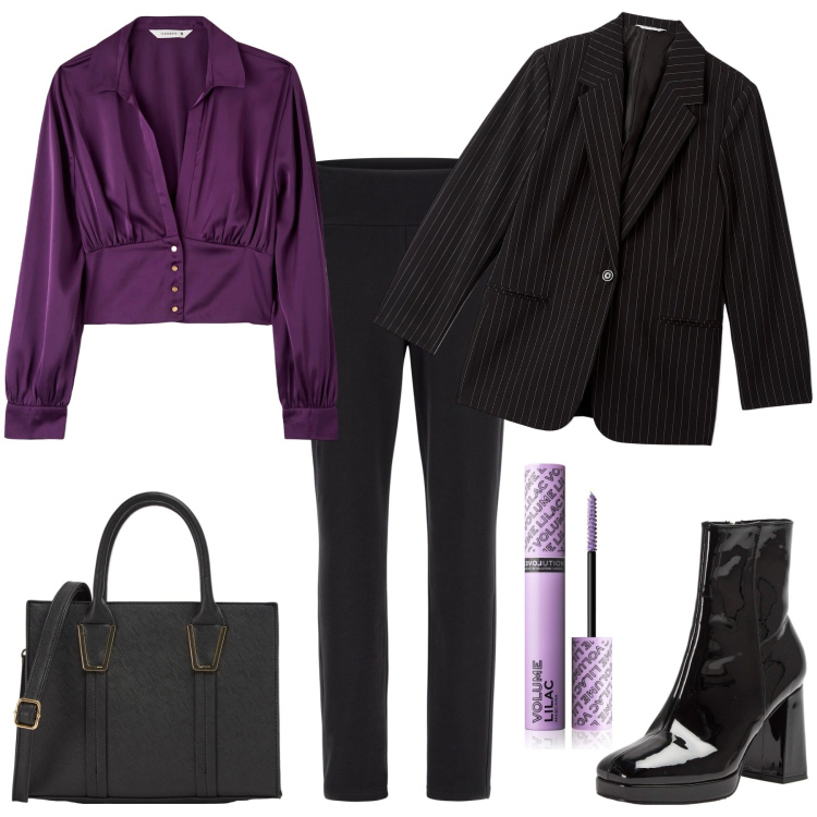 Outfit donna - Al corso di aggiornamento. Stile Casual per Tutti i giorni. Abbinamento con mascara, bluse, stivaletti, shopping bag, blazer, pantaloni.