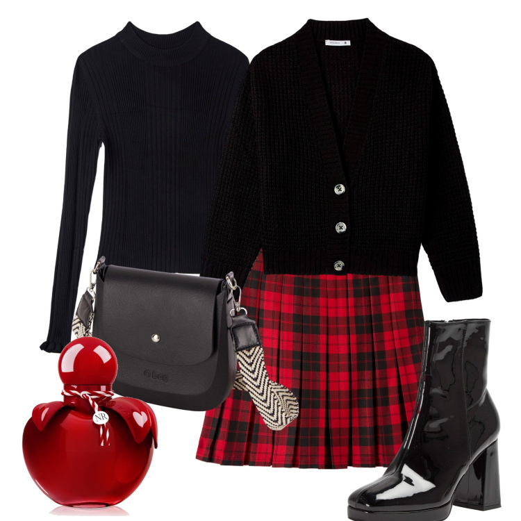 Outfit donna - La gonna scozzese. Stile Preppy per Tutti i giorni. Abbinamento con profumi, maglieria, minigonne, stivaletti, cardigans, borse a spalla.