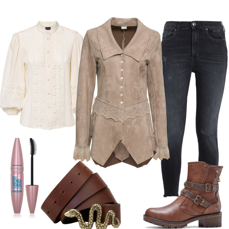 Outfit donna - Boho in autunno. Stile Boho per Ufficio. Abbinamento con camicie, blazer, stivaletti, jeans skinny, mascara, cinture.
