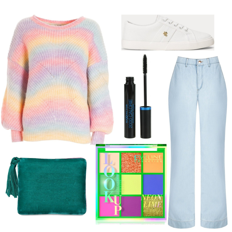 Outfit donna - Mille colori. Stile Romantica per Tutti i giorni. Abbinamento con ombretti, mascara, jeans dritti, maglieria, scarpe sportive, pochette.