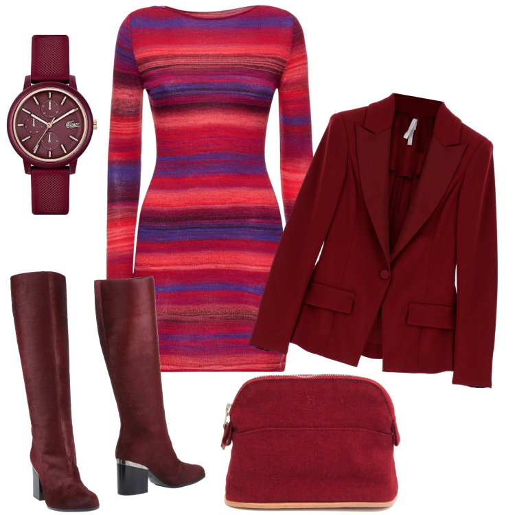 Outfit donna - Rosso rubino. Stile Casual per Tutti i giorni. Abbinamento con stivali, borse a mano, blazer, vestiti, orologi analogici.