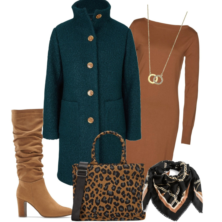 Outfit donna - City. Stile Casual chic per Tutti i giorni. Abbinamento con cappotti, vestiti, stivali, foulard, shopping bag, collane.