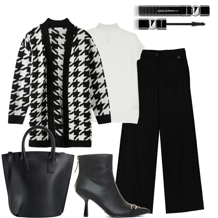 Outfit donna - Bianco e nero. Stile Basic per Tutti i giorni. Abbinamento con borse a mano, mascara, cardigans, stivaletti, maglieria, pantaloni a palazzo.