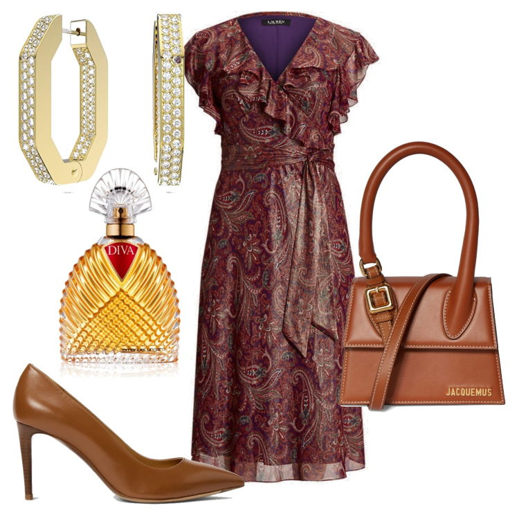 Outfit donna - Cerimonia autunnale curvy. Stile Chic per Cerimonia. Abbinamento con profumi, décolleté, vestiti, orecchini, borse a mano.