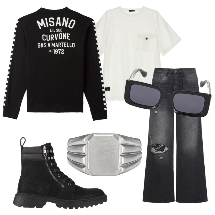 Outfit uomo - Uova e bacon. Stile Biker Rock per Tutti i giorni. Abbinamento con stivali e stivaletti, felpe, t-shirt, occhiali da sole, anelli, jeans.
