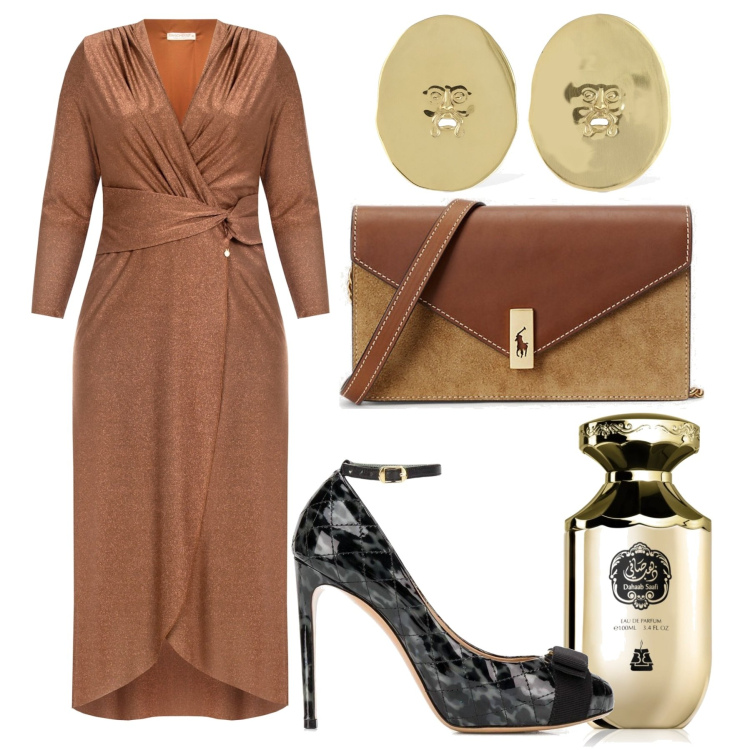 Outfit donna - A cena. Stile Chic per Serata fuori. Abbinamento con décolleté, profumi, vestiti lunghi, clutch, orecchini.
