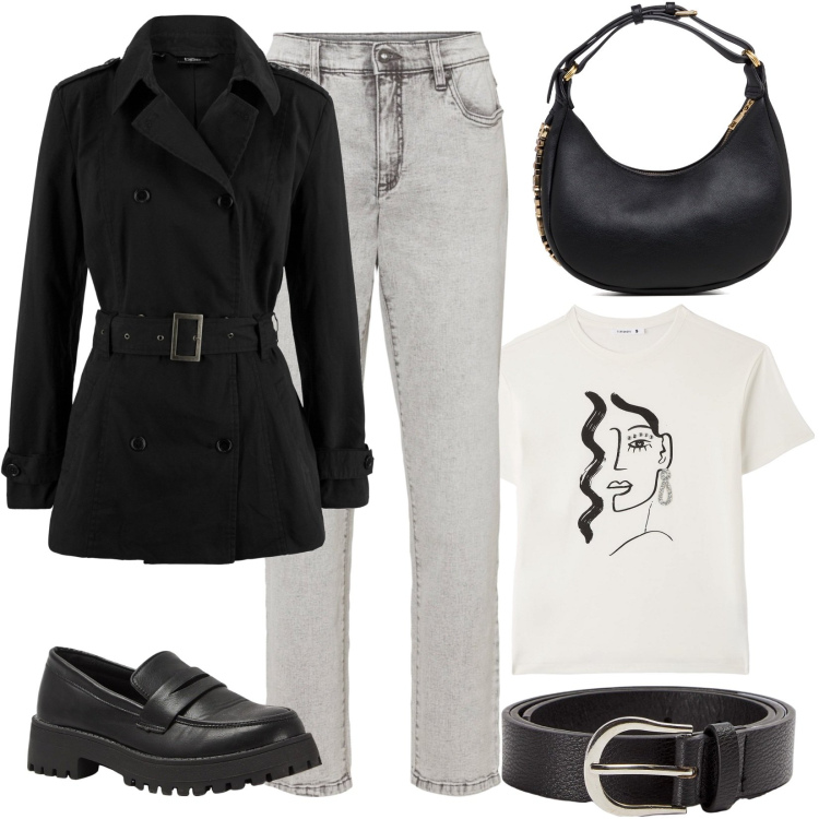 Outfit donna - Primo assaggio di autunno. Stile Basic per Tutti i giorni. Abbinamento con trench, jeans mom, mocassini, t-shirt, cinture, borse a mano.