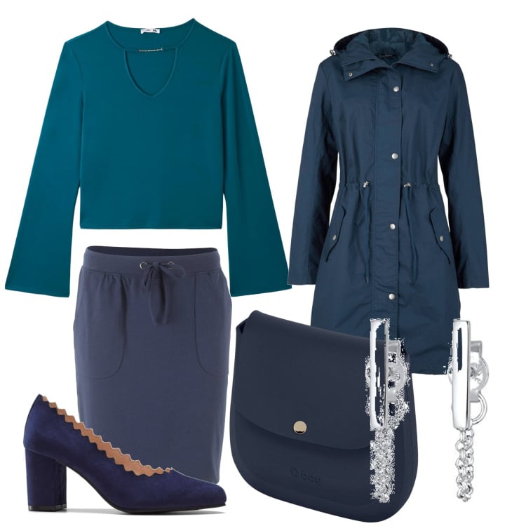 Outfit donna - Giornata blu. Stile Casual chic per Ufficio. Abbinamento con parka, gonne, décolleté, t-shirt, borse a spalla, orecchini.