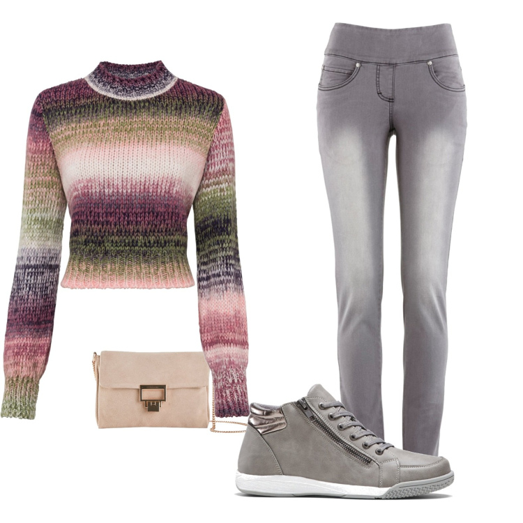 Outfit donna - Comodissima. Stile Sporty chic per Tutti i giorni. Abbinamento con jeans slim fit, sneakers alte, maglieria, pochette.