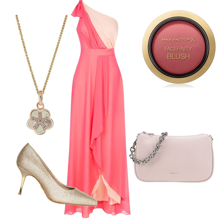Outfit donna - Cerimonia di sera. Stile Chic per Cerimonia. Abbinamento con borse a mano, blush, vestiti asimmetrici, décolleté, ciondoli.