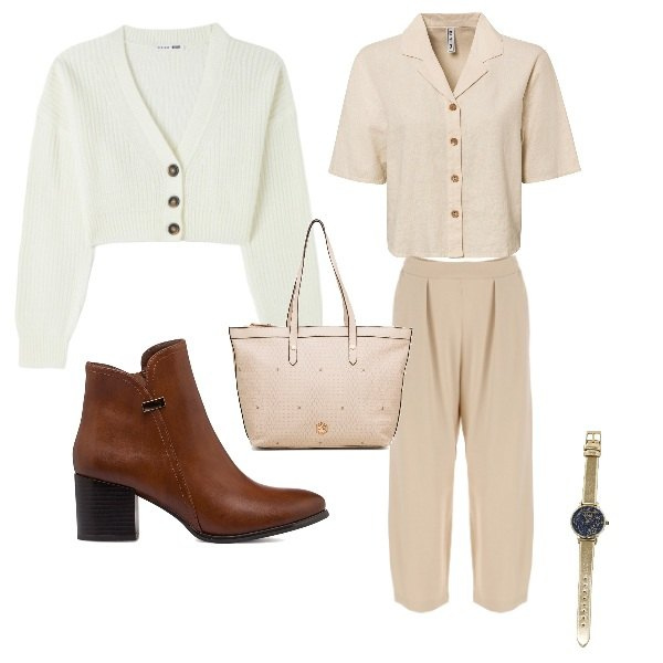 Outfit donna - Beige for life. Stile Minimal per Ufficio. Abbinamento con camicie, pantaloni capri, borse a spalla, stivaletti, cardigans, orologi.