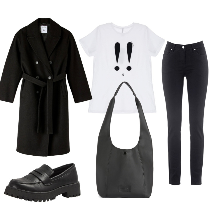 Outfit donna - Total look #1724031. Stile Chic per Tutti i giorni. Abbinamento con jeans dritti, mocassini, cappotti, t-shirt, borse a spalla.