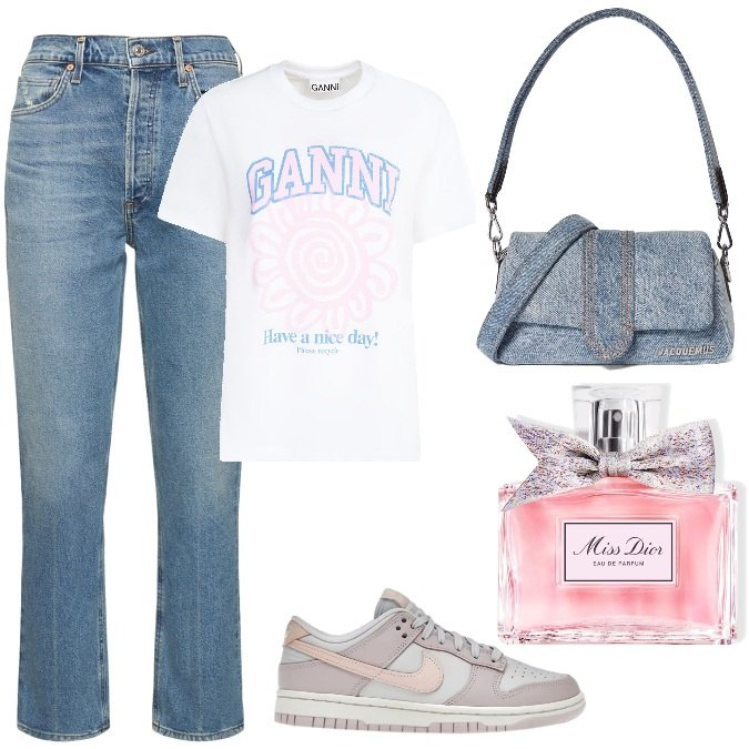 Outfit donna - Total look #1724047. Stile Urban per Tutti i giorni. Abbinamento con sneakers, profumi, jeans, borse a spalla, t-shirt.