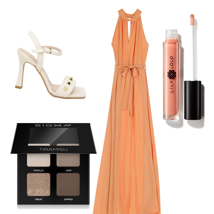 Outfit donna - Luminosa color tramonto. Stile Chic per Cerimonia. Abbinamento con ombretti, gloss, vestiti lunghi, sandali in pelle.