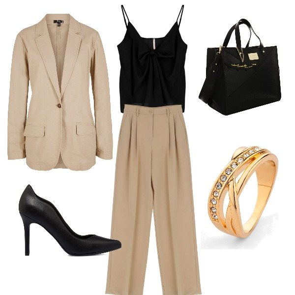Outfit donna - The Beige is the new Black. Stile Glamour per Tutti i giorni. Abbinamento con anelli, blazer, pantaloni a palazzo, canottiere, décolleté, borse a mano.