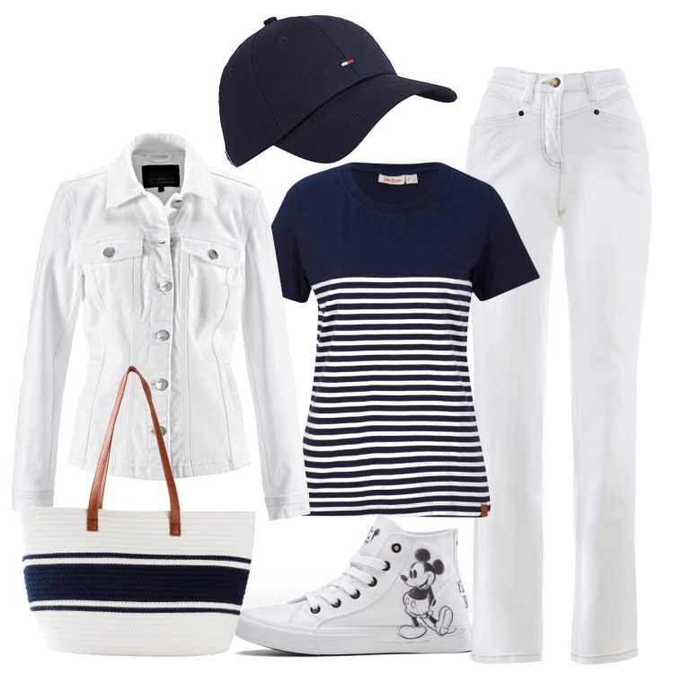 Outfit donna - Total look #1724070. Stile Casual per Tutti i giorni. Abbinamento con t-shirt, blazer, shopping bag, jeans dritti, sneakers alte, cappelli con visiera.