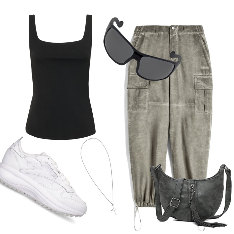 Outfit donna - Cargo. Stile Trendy per Tutti i giorni. Abbinamento con pantaloni cargo, occhiali da sole, canottiere, ciondoli, sneakers, collane.