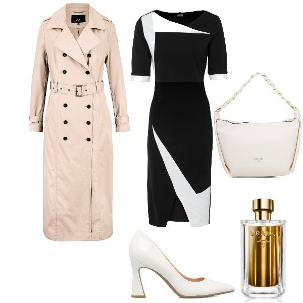 Outfit donna - Trench me!. Stile Glamour per Ufficio. Abbinamento con vestiti a tubino, trench, profumi, borse a mano, décolleté.