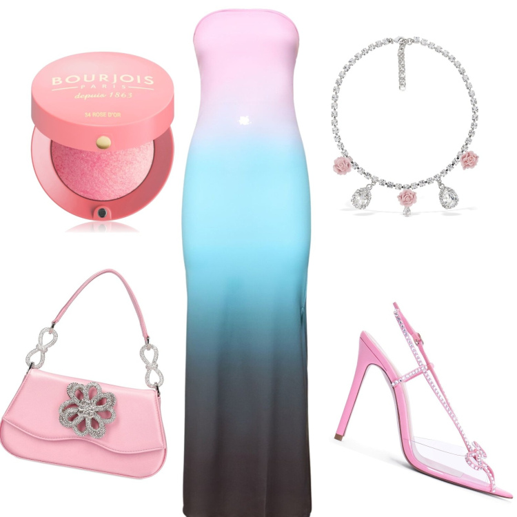 Outfit donna - Sfumature. Stile Chic per Cerimonia. Abbinamento con blush, vestiti, borse a mano, collane, sandali in pelle.