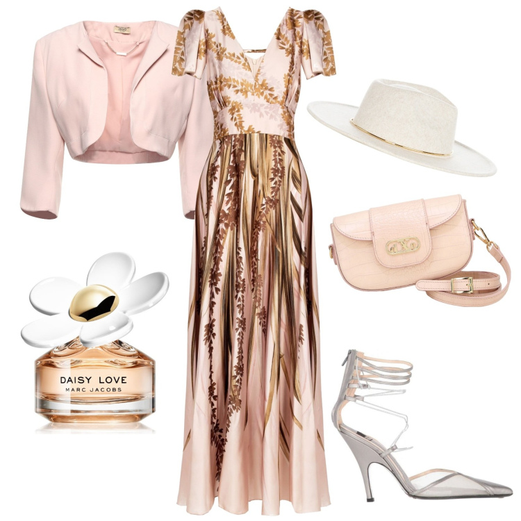 Outfit donna - Wedding day. Stile Chic per Cerimonia. Abbinamento con décolleté, blazer, profumi, vestiti lunghi, cappelli, pochette.