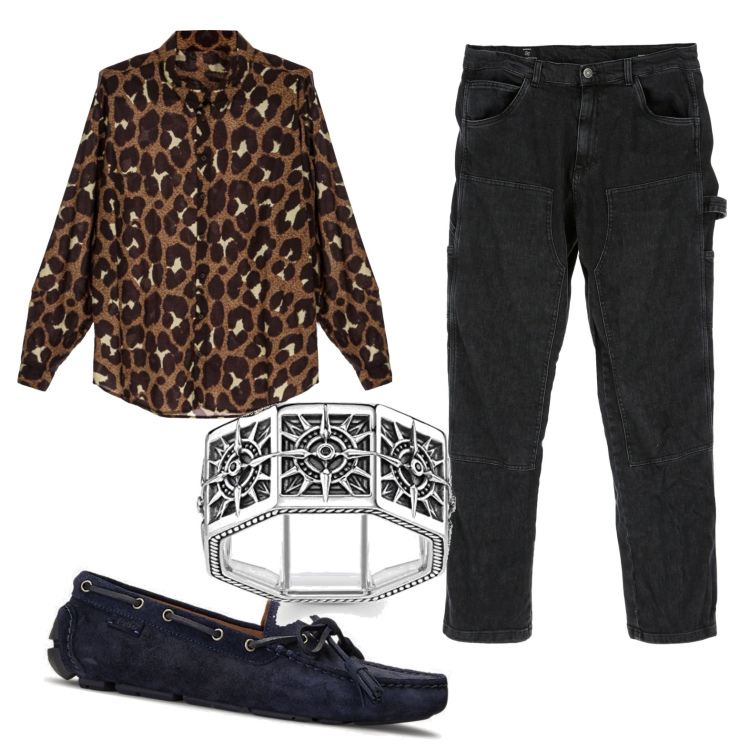 Outfit uomo - Leopardato. Stile Casual per Serata speciale. Abbinamento con pantaloni, camicie, scarpe stringate, anelli.