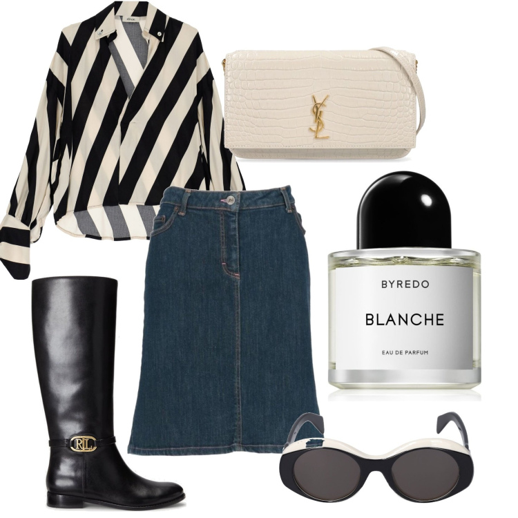 Outfit donna - Blanche skirt. Stile Casual per Tutti i giorni. Abbinamento con gonne longuette, profumi, camicie, stivali sopra il ginocchio, occhiali da sole, borse a spalla.