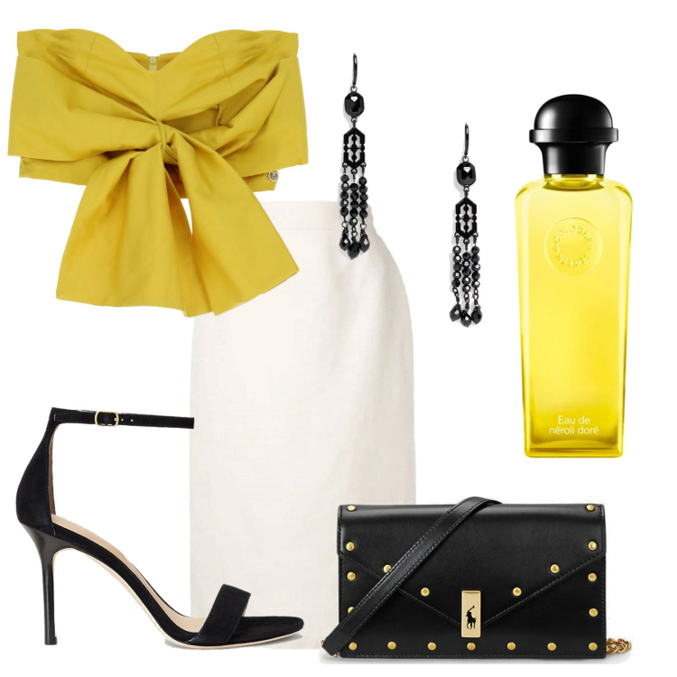 Outfit donna - Yellow passion. Stile Chic per Serata fuori. Abbinamento con gonne longuette, profumi, top, orecchini, clutch, sandali col tacco.